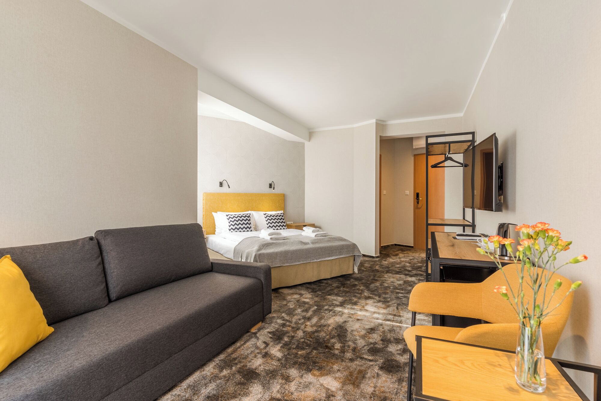 A hotel room with a bed, a sofa, a desk, and a TV.