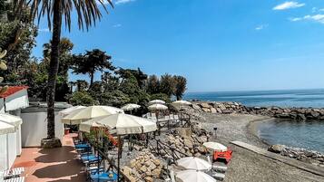 A beachside terrace with outdoor seating, palm trees, and a view of the sea.