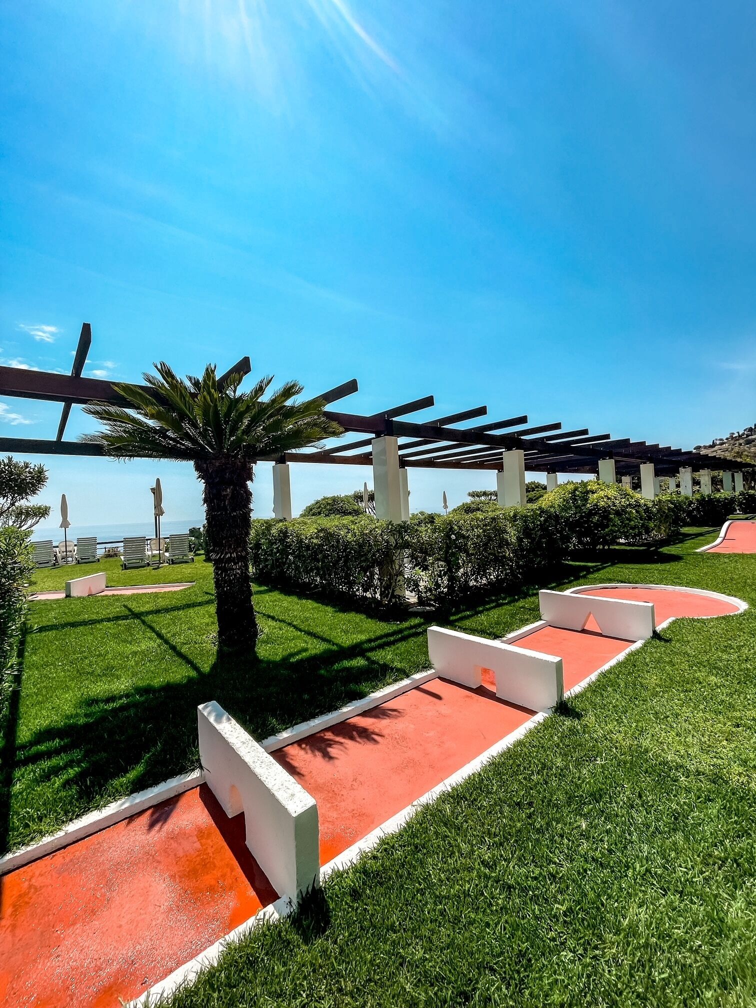 Un espace extérieur bien entretenu, agrémenté d’une pergola, d’une pelouse verdoyante et d’un ciel dégagé.