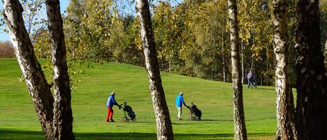 A golf course with trees, grass, and people playing golf.