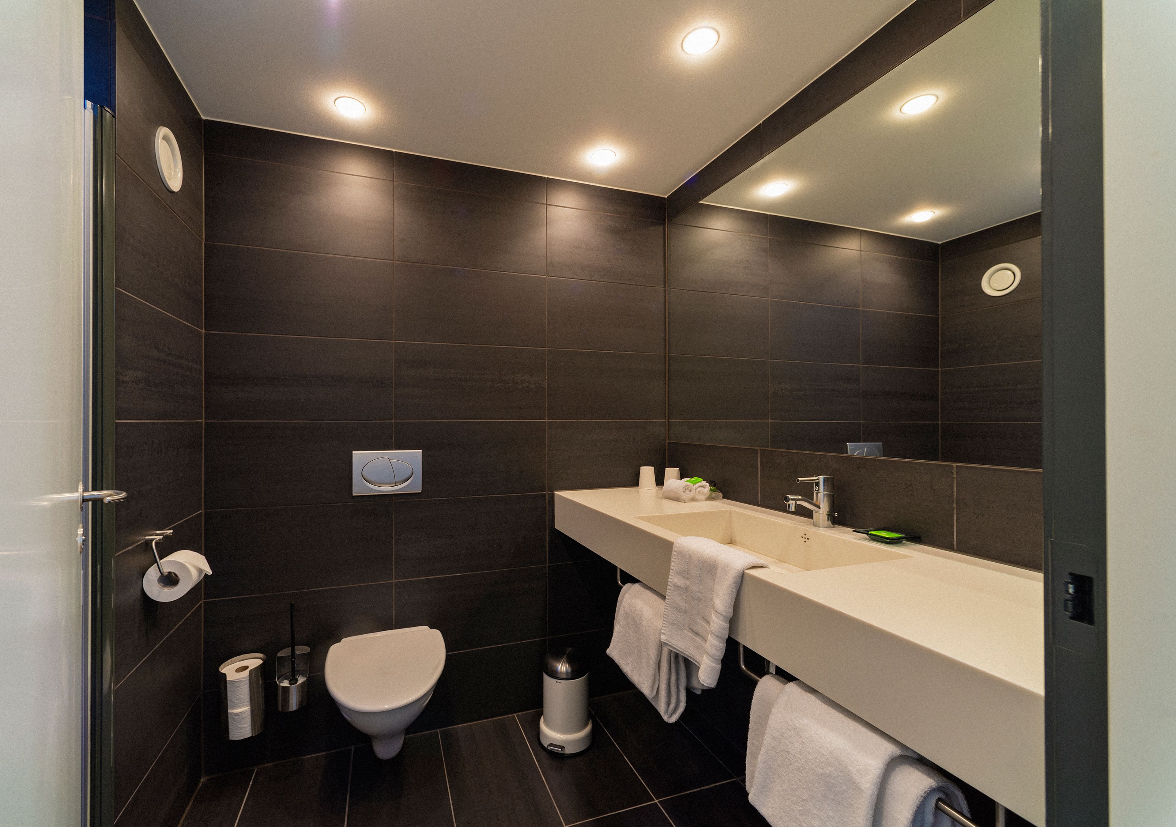 Un baño moderno con baldosas oscuras, un inodoro, un lavabo con espejo y un cubo de basura.