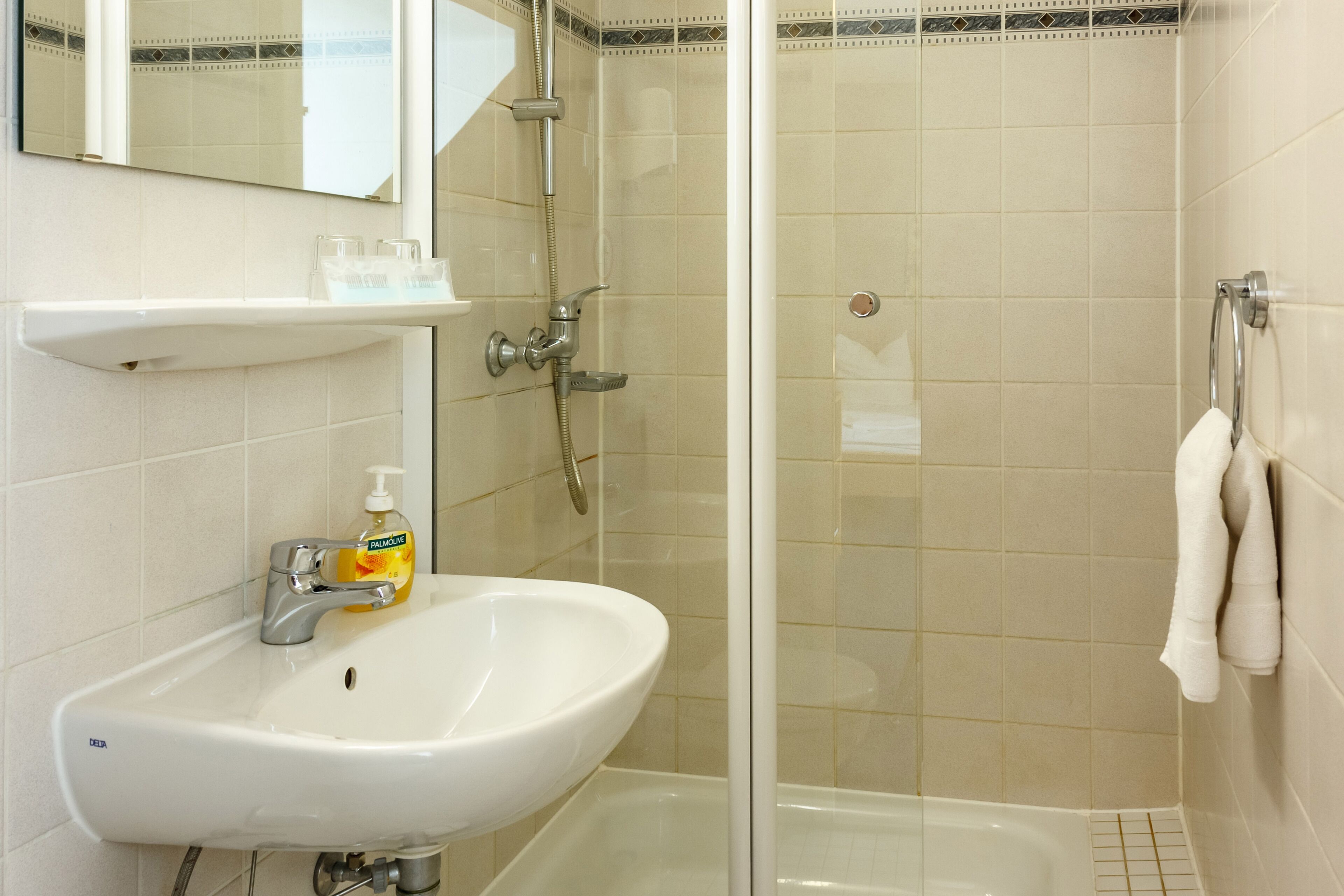 shower, free toiletries, towels