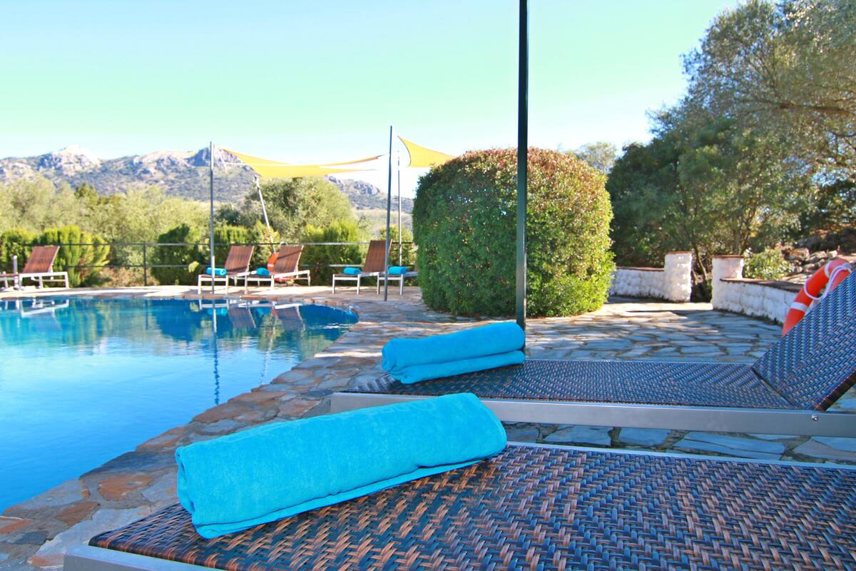 A poolside area with lounge chairs and a clear view of mountains in the background.