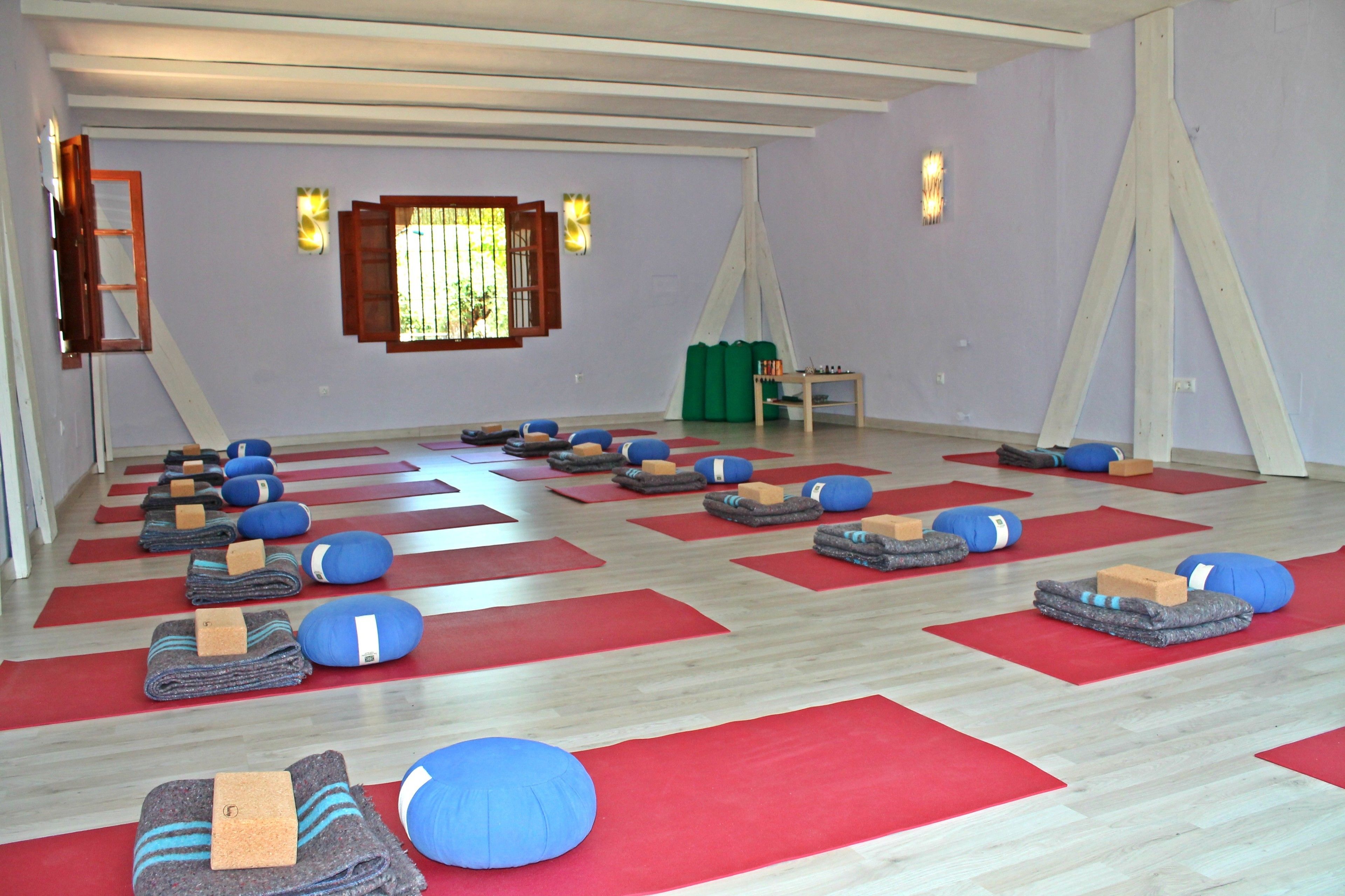 A yoga studio with mats and blocks arranged on the floor.
