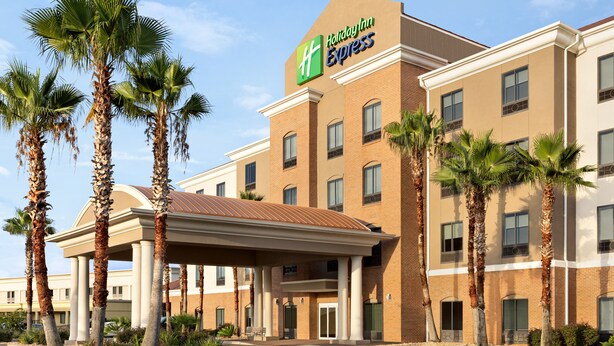 A Holiday Inn Express hotel with a brick facade, palm trees, and a covered entrance. - Holiday Inn Express Hotel & Suites Waycross by IHG (Waycross)