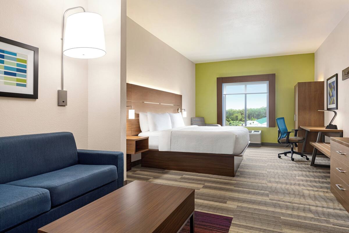 A hotel room with a bed, a sofa, a desk, and a chair.