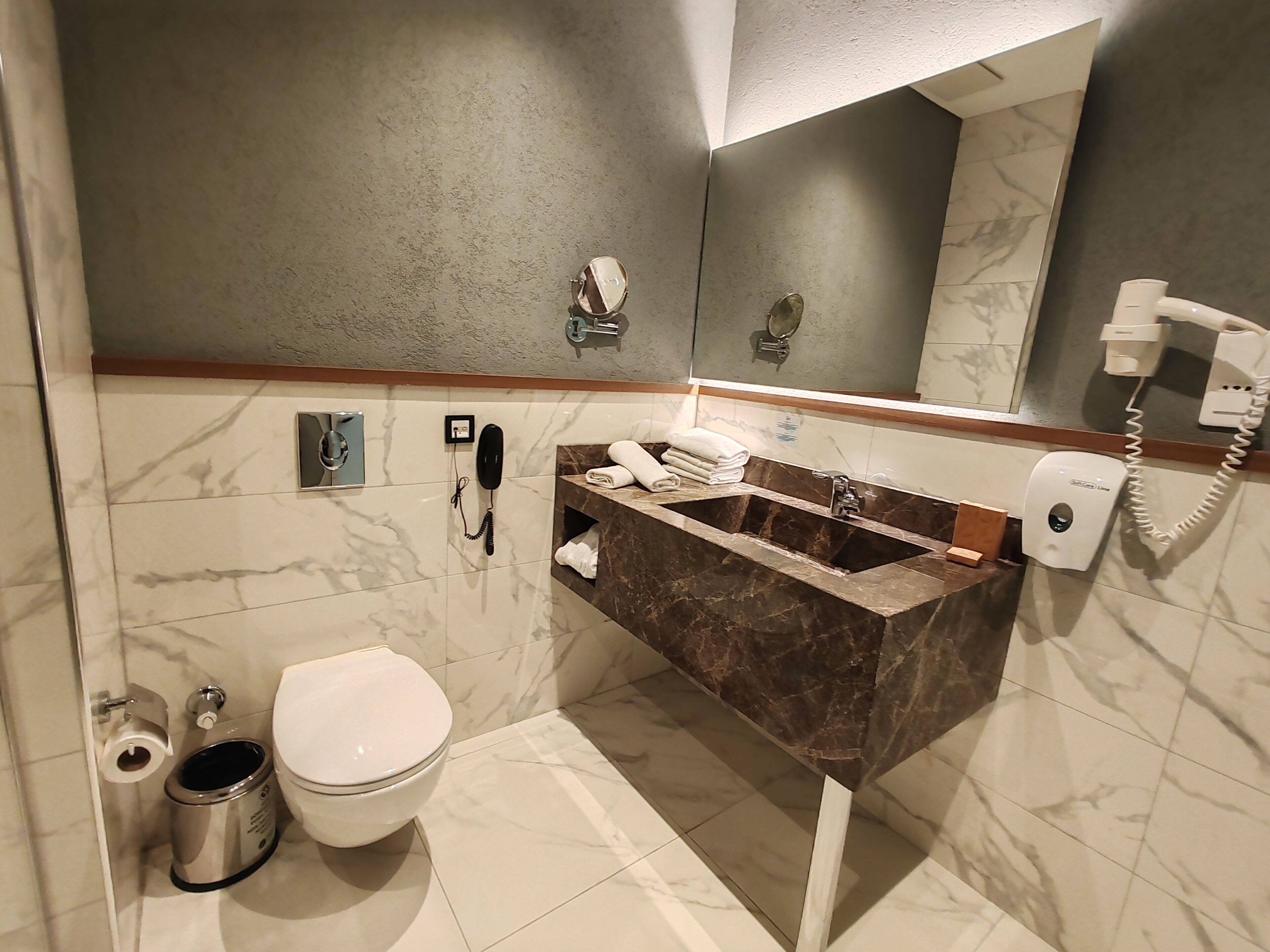 deluxe suite room | bathroom | shower, eco-friendly toiletries, hair dryer, bathrobes