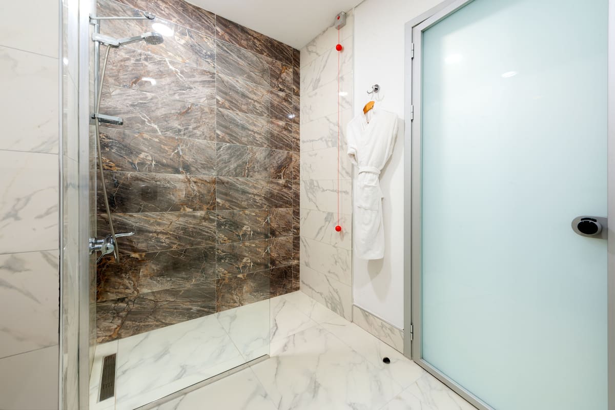 shower, eco-friendly toiletries, hair dryer, bathrobes