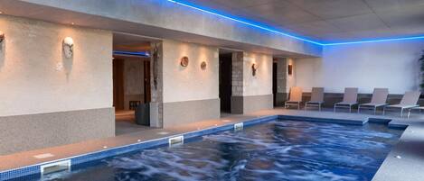 Seasonal outdoor pool, pool umbrellas, pool loungers