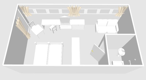 A hotel room layout with a bed, desk, chair, wardrobe, and bathroom. - Hotel von Heyden (Tegernheim)