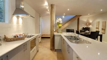 A modern kitchen with a central island, a built-in stove, and a large sink.