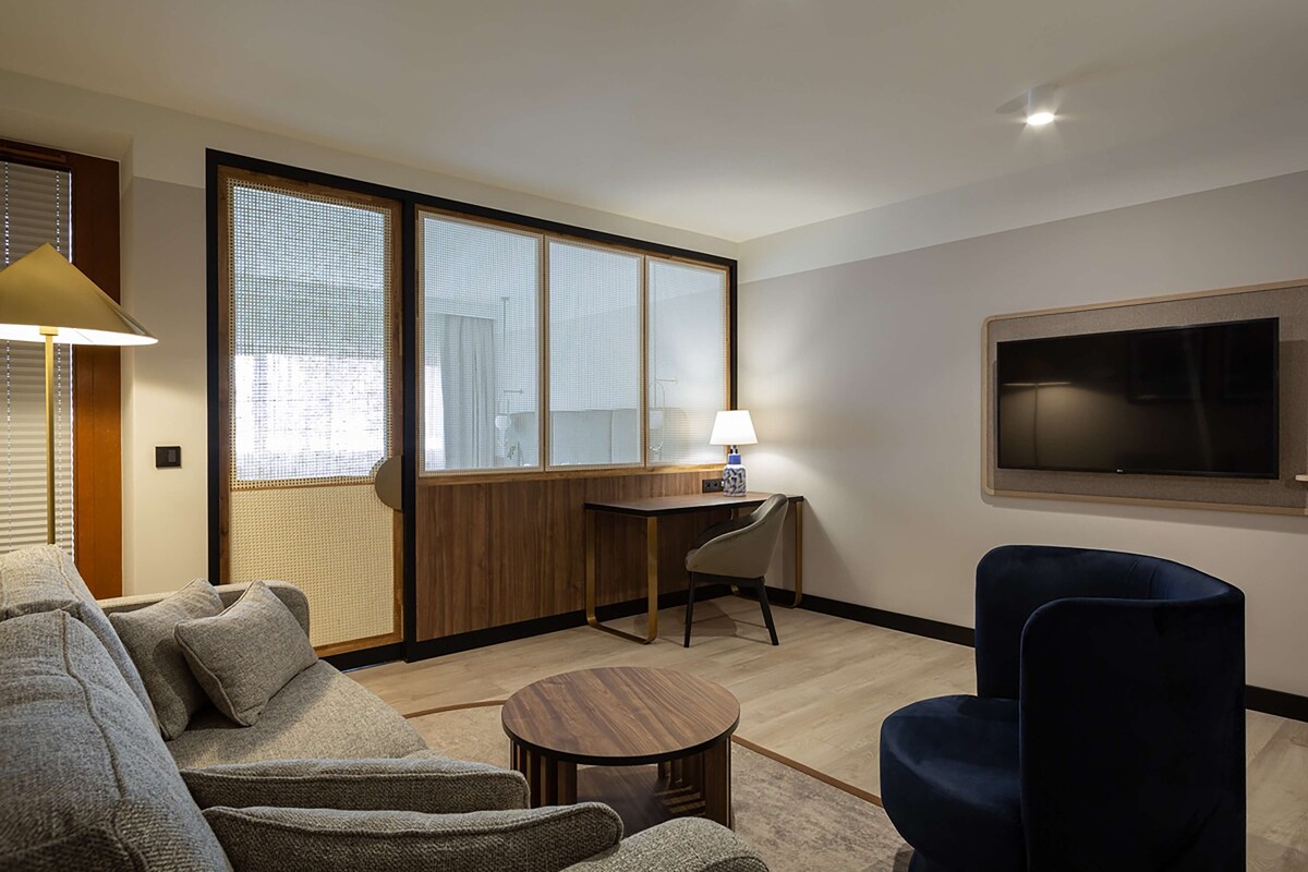 Une chambre d’hôtel moderne équipée d’un canapé, d’un bureau, d’une chaise et d’une télévision.