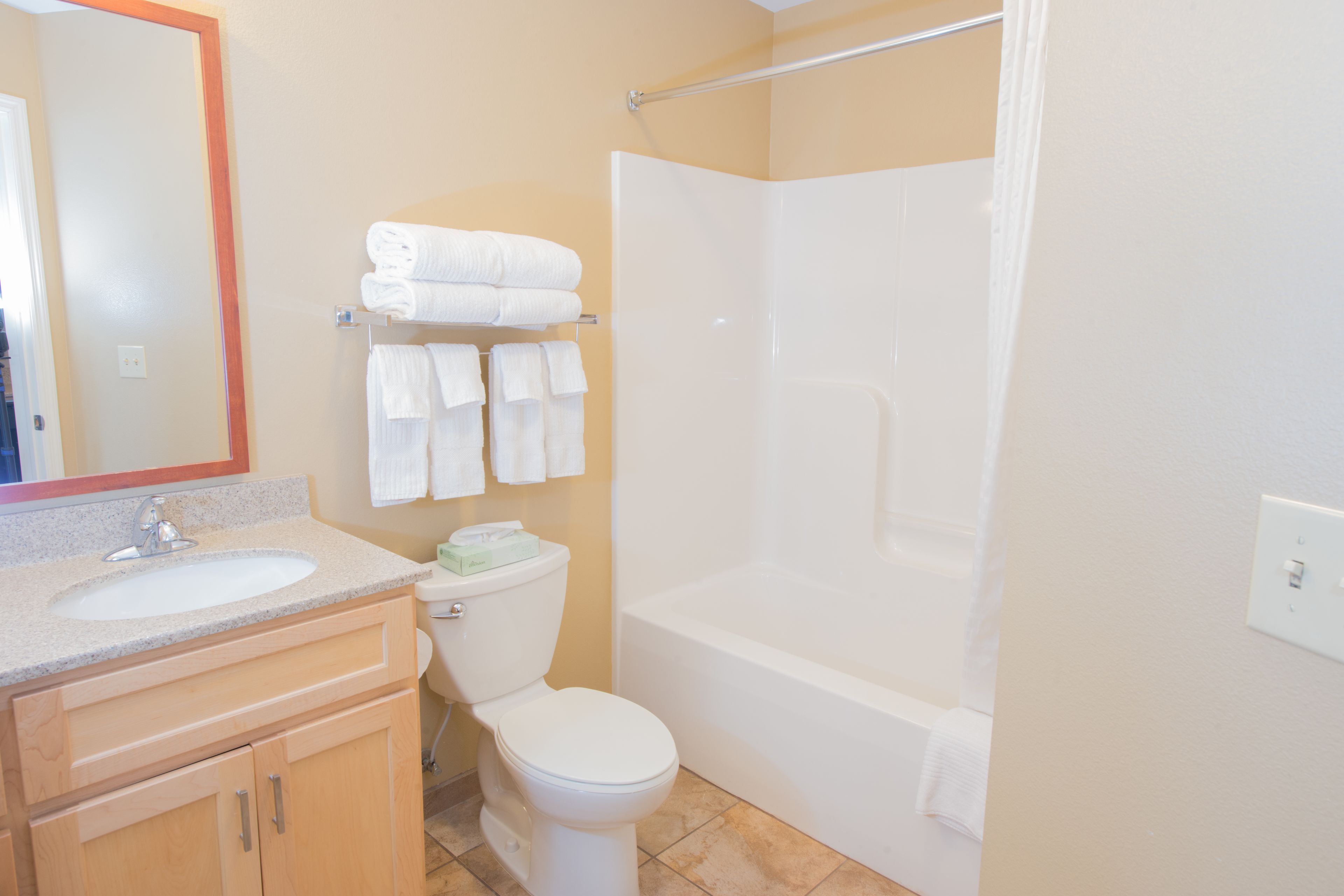 combined shower/bathtub, free toiletries, hair dryer, towels