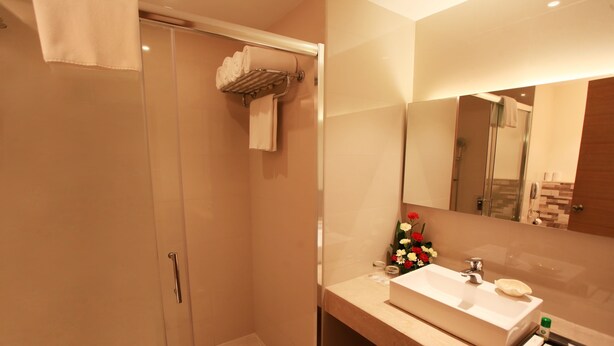 Un baño moderno con cabina de ducha de vidrio, un espejo grande y un lavamanos con artículos de aseo.