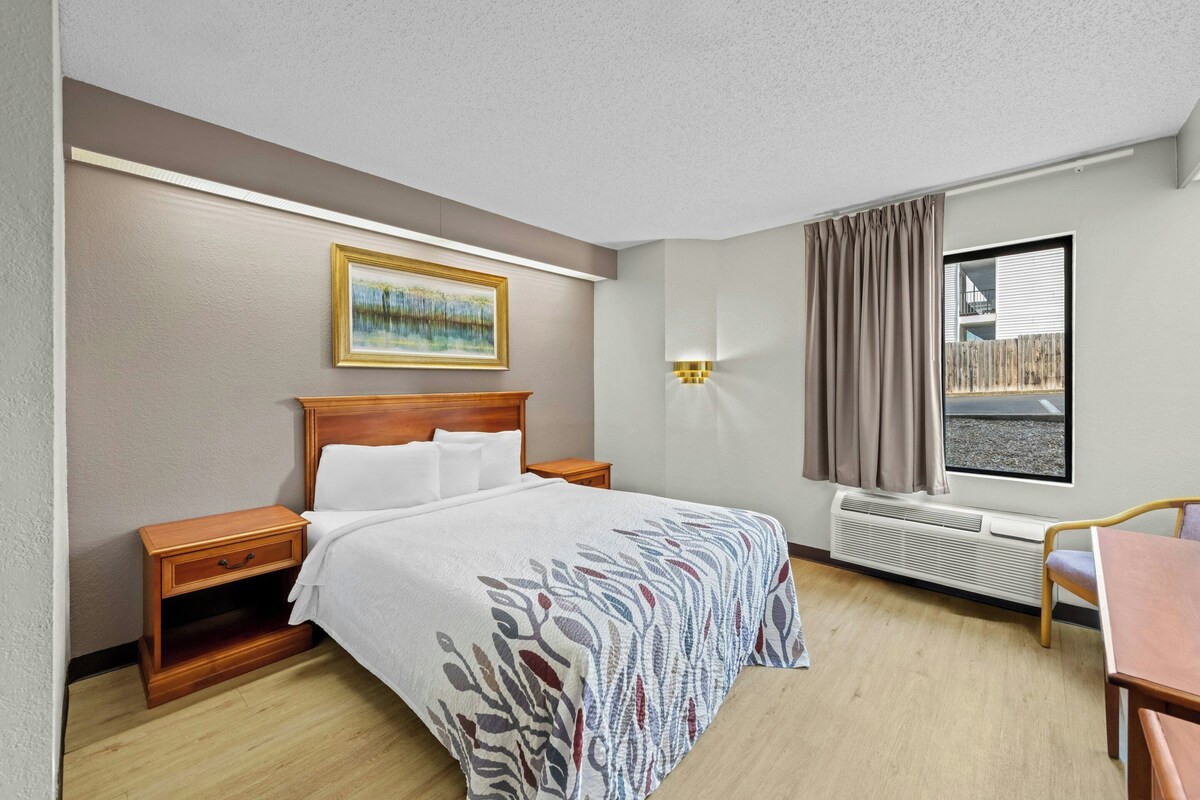 A hotel room with a bed, bedside table, lamp, window, and a view of the outside.