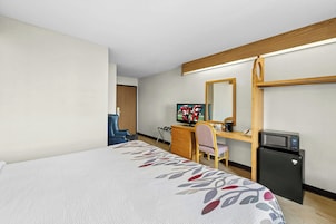 Habitación de hotel con cama, escritorio con computadora, televisión, refrigerador y espejo.