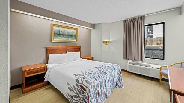 A hotel room with a bed, bedside table, lamp, window, and a view of the outside. - Red Roof Inn Branson (Branson)