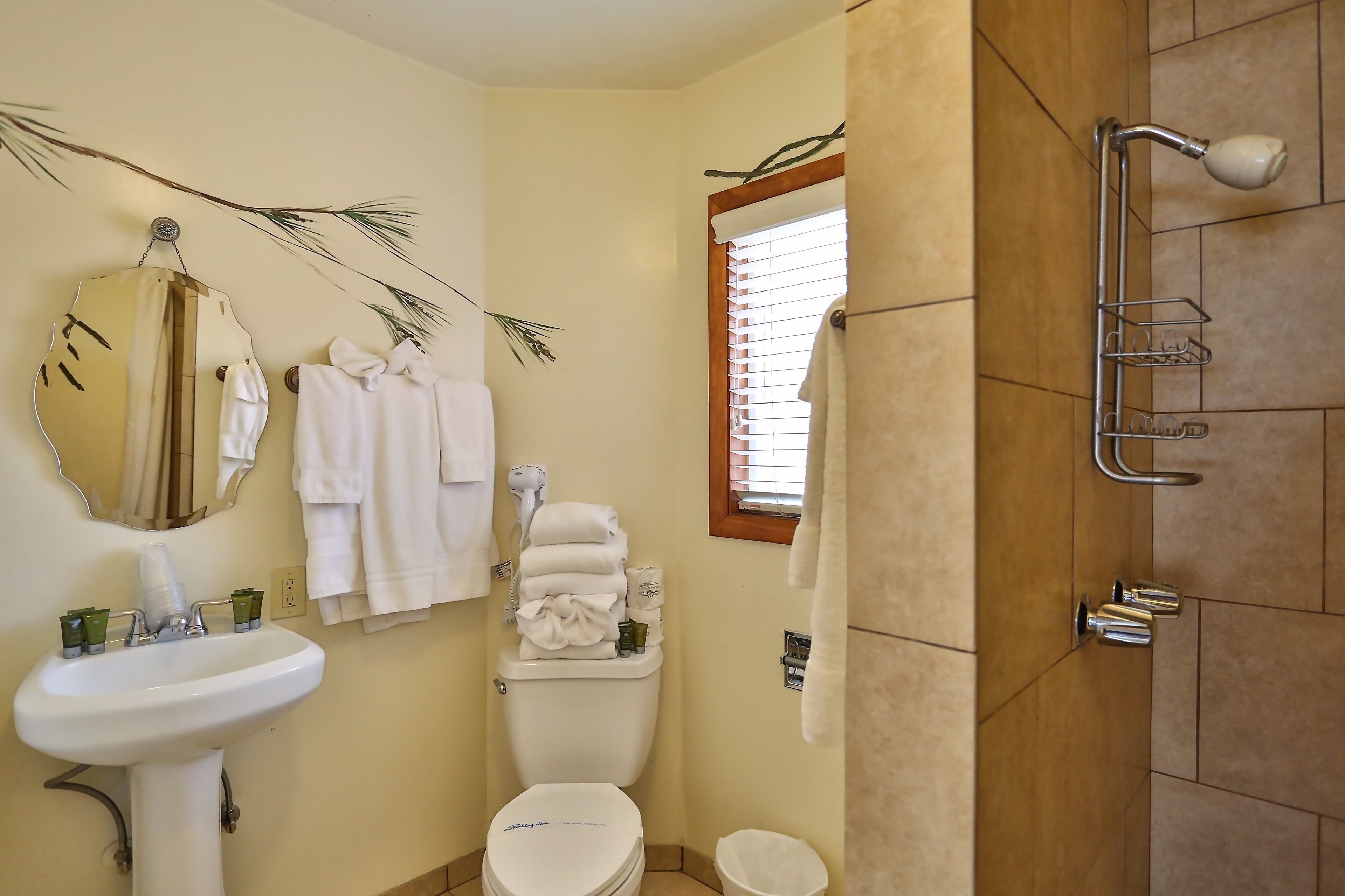 A bathroom with a sink, toilet, and shower.