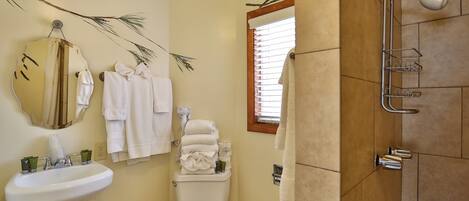 A bathroom with a sink, toilet, and shower.