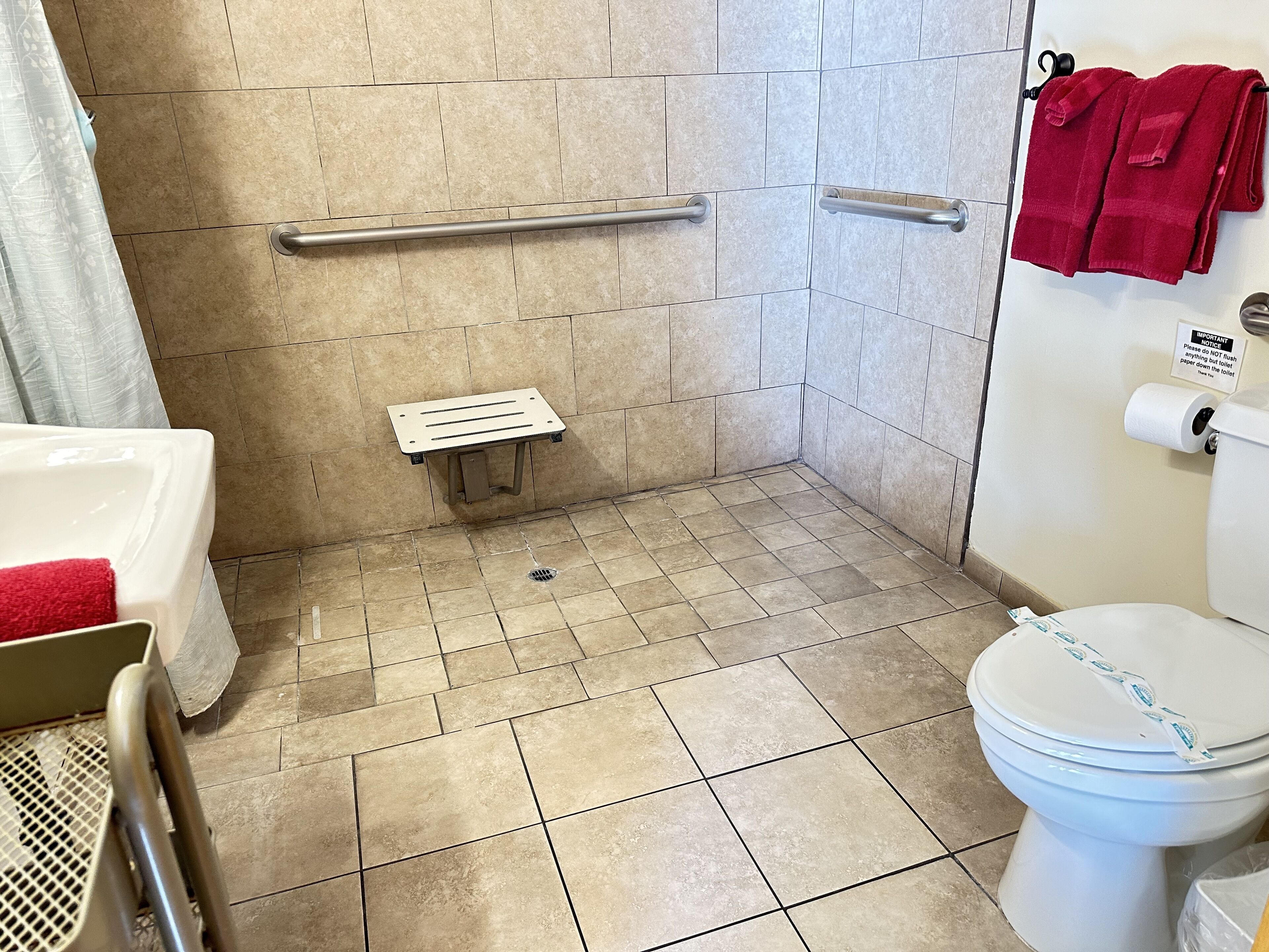 A bathroom with a shower, toilet, and grab bars.