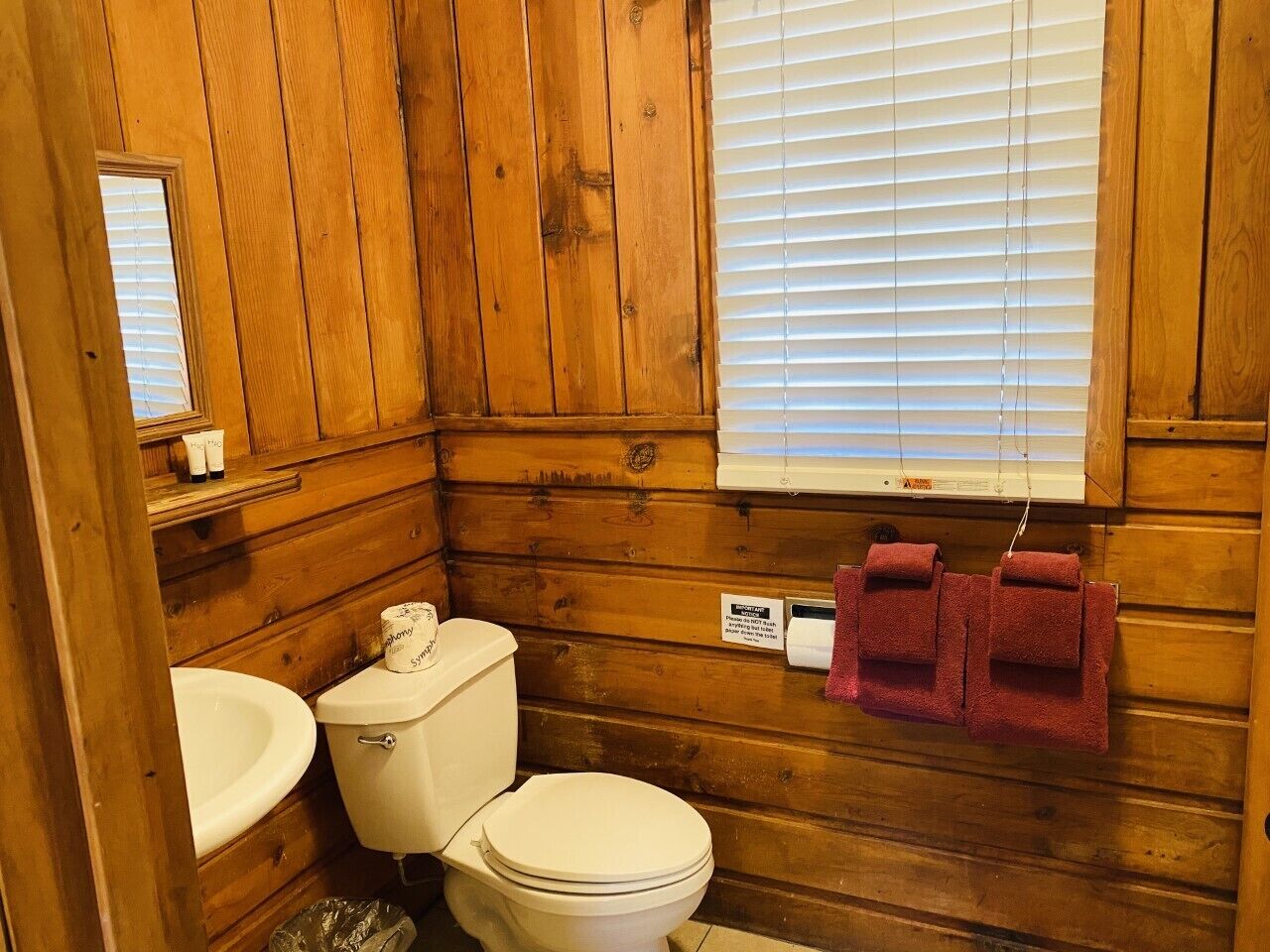 Baño de cabaña de madera con inodoro, lavamanos y ventana.