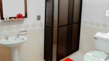 Shower, free toiletries, hair dryer, towels