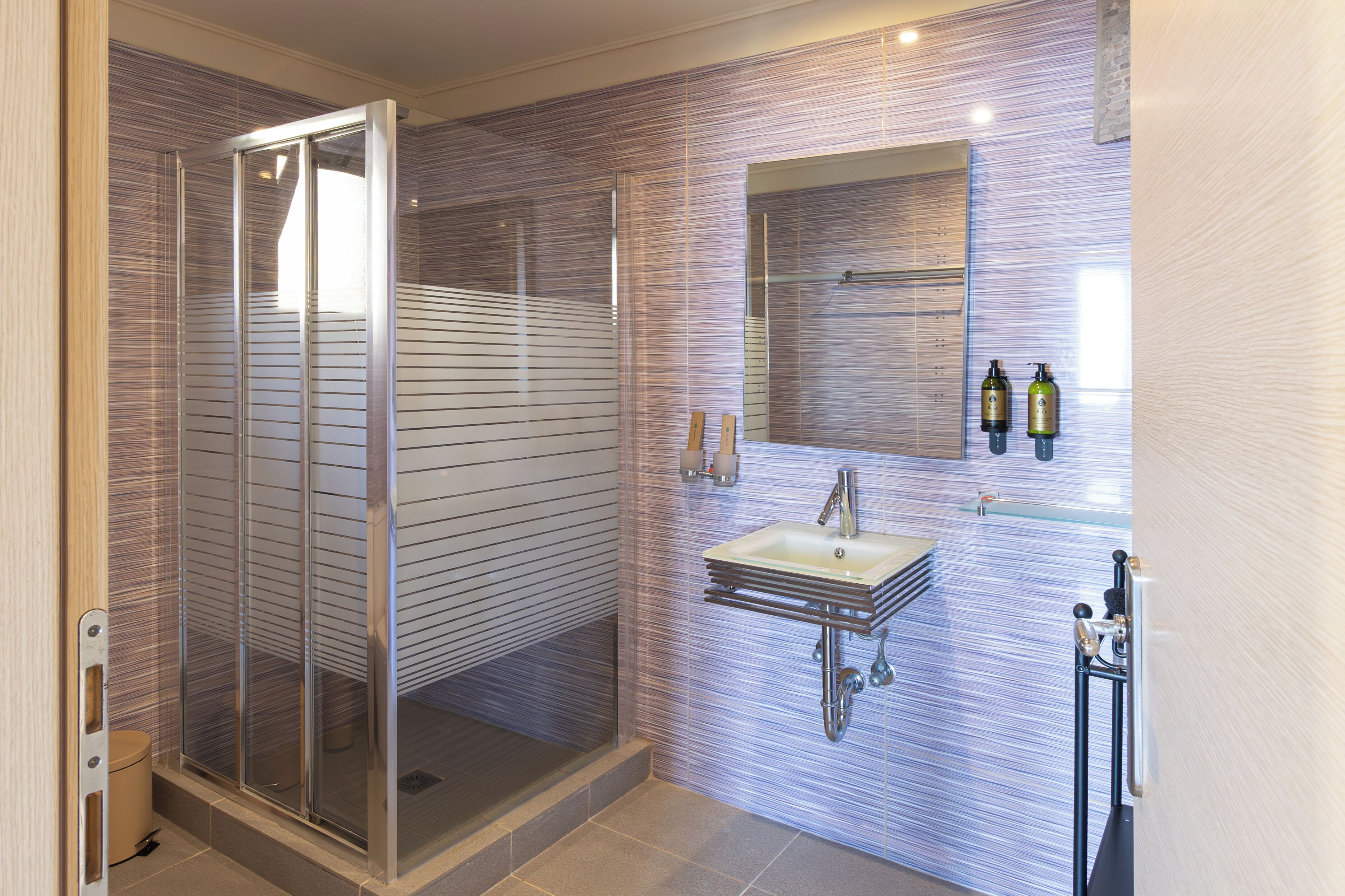 Une salle de bain moderne avec une douche à parois de verre, un lavabo avec un miroir au-dessus et deux bouteilles de shampoing accrochées au mur.