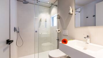 Ein modernes Badezimmer mit Duschkabine aus Glas, einem weißen Waschbecken und einer Toilette.