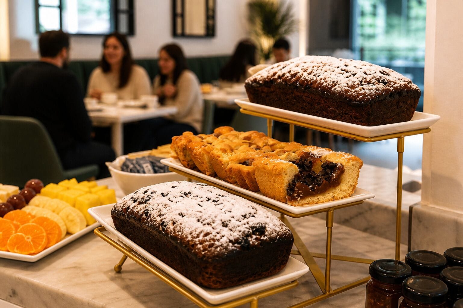 Een presentatie van desserts met verschillende gebakjes en fruit op een marmeren tafel in een restaurant.