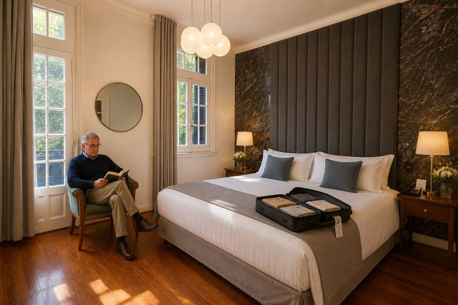 A hotel room with a large bed, a reading chair, a round mirror, and a window with curtains.