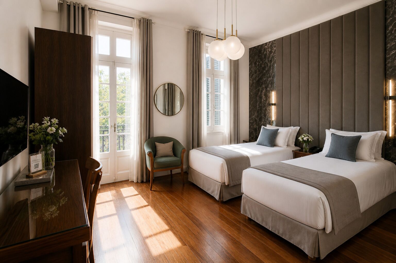 A hotel room with two beds, a desk, a chair, a mirror, and a window with curtains.
