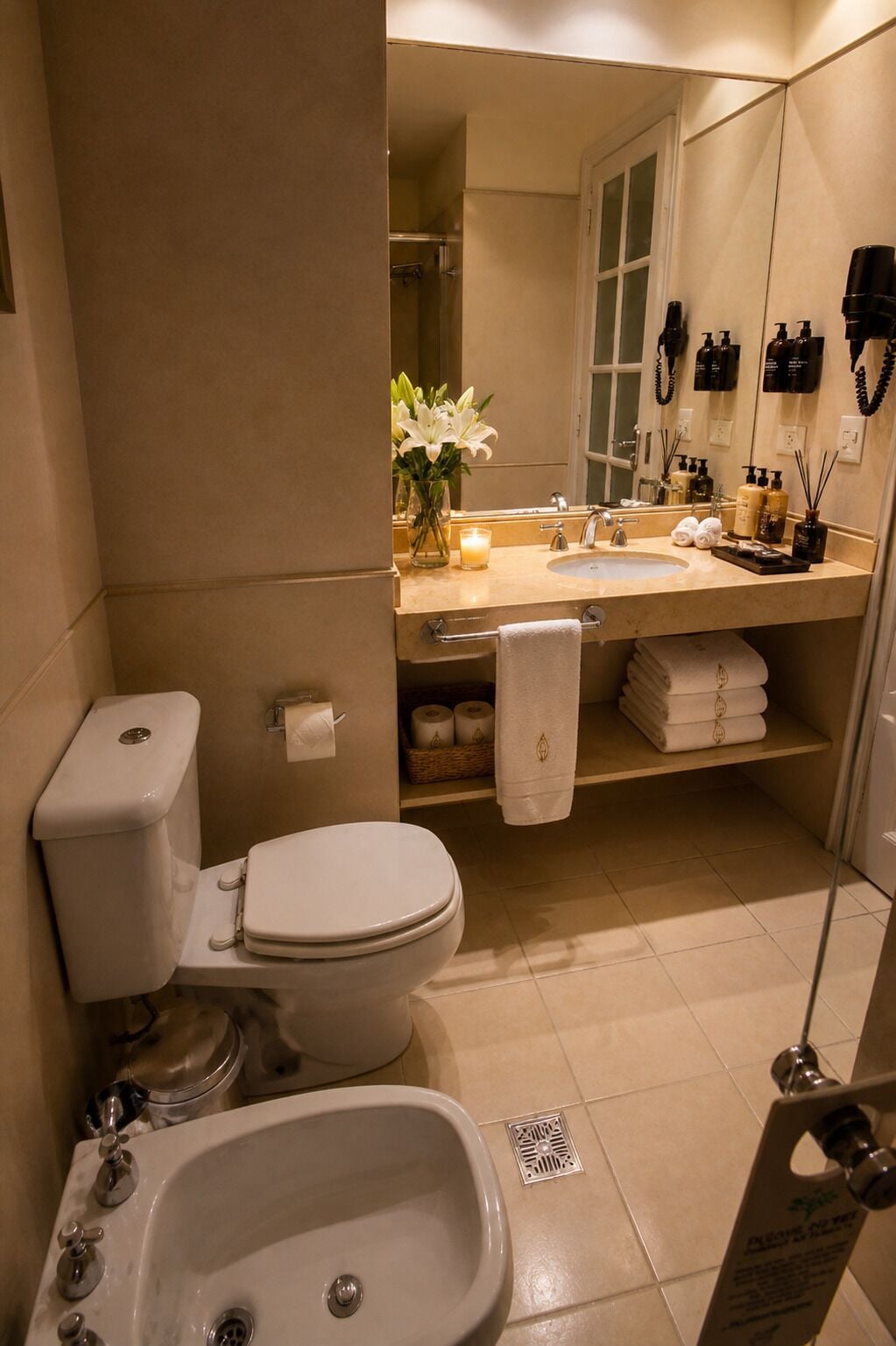 Baño con inodoro, lavamanos y bidé. Hay un espejo, toallero y artículos de aseo en la encimera.