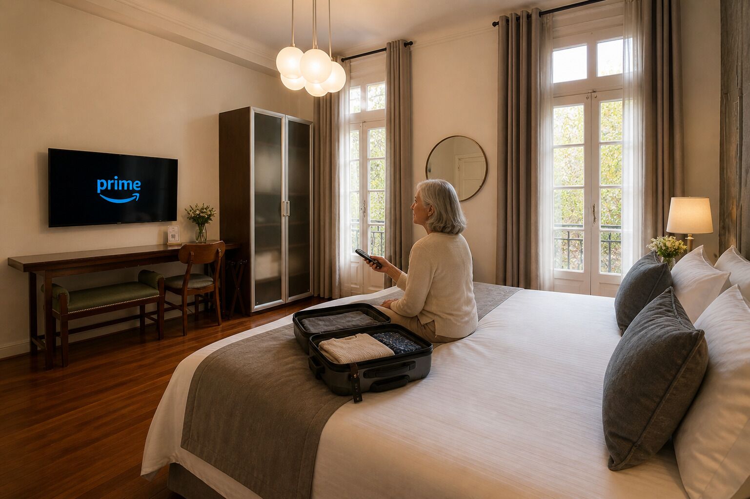 Une chambre d’hôtel comprenant un lit, un bureau, un téléviseur affichant le logo de Prime, une armoire et une fenêtre avec des rideaux.