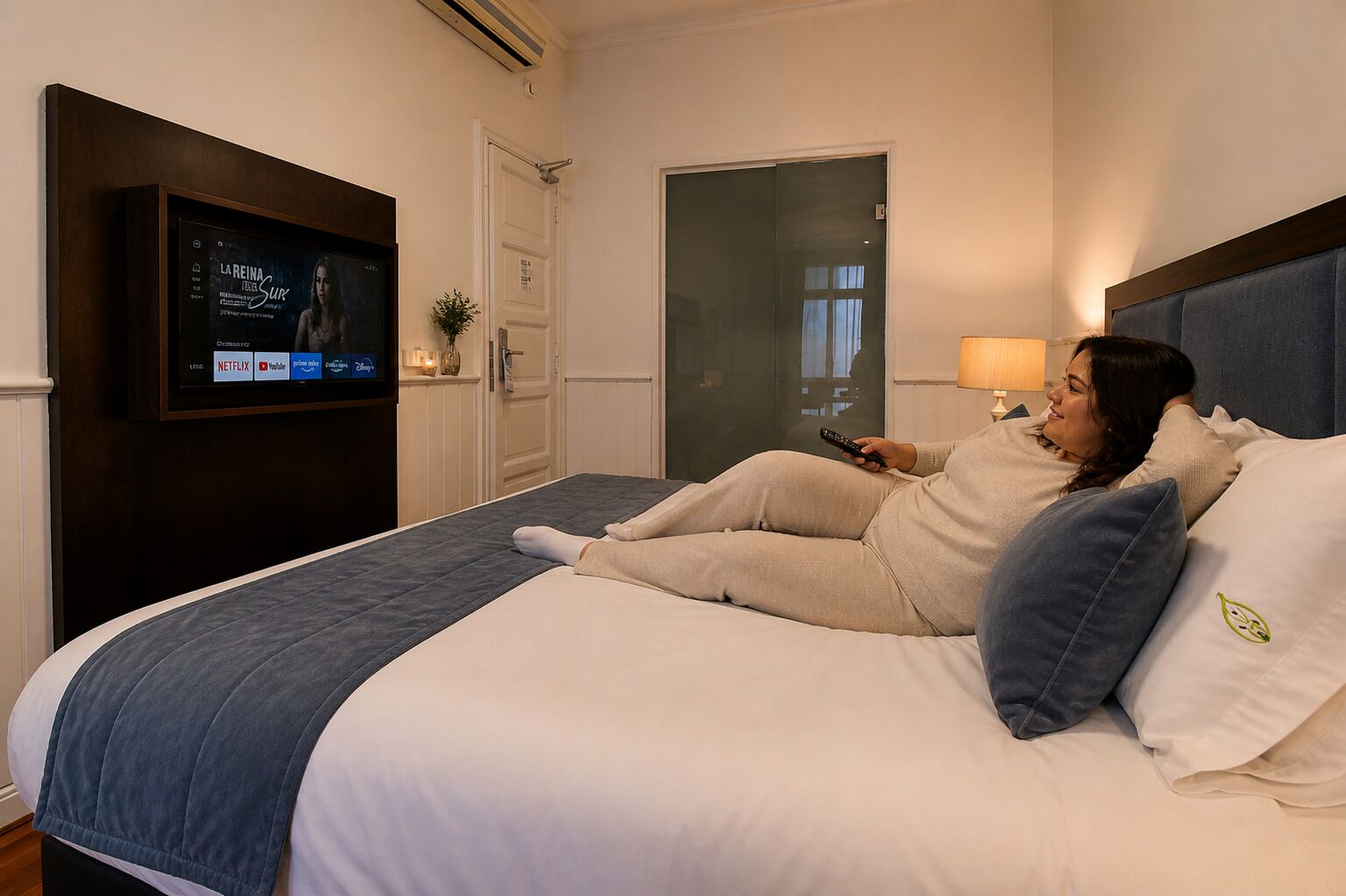 A hotel room with a bed, a TV mounted on the wall, a door, and a lamp.