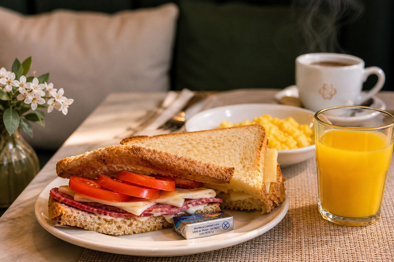En tallrik med en smörgås, ett glas apelsinjuice och en kopp kaffe står på ett bord.