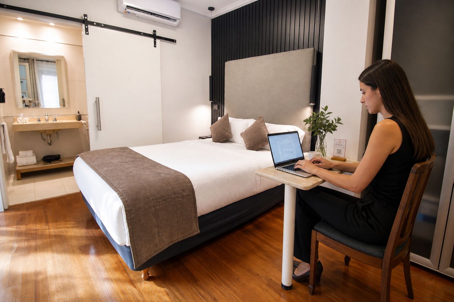 Ein modernes Hotelzimmer mit Bett, Schreibtisch mit Laptop, Stuhl, einer kleinen Pflanze und einer Wandklimaanlage.