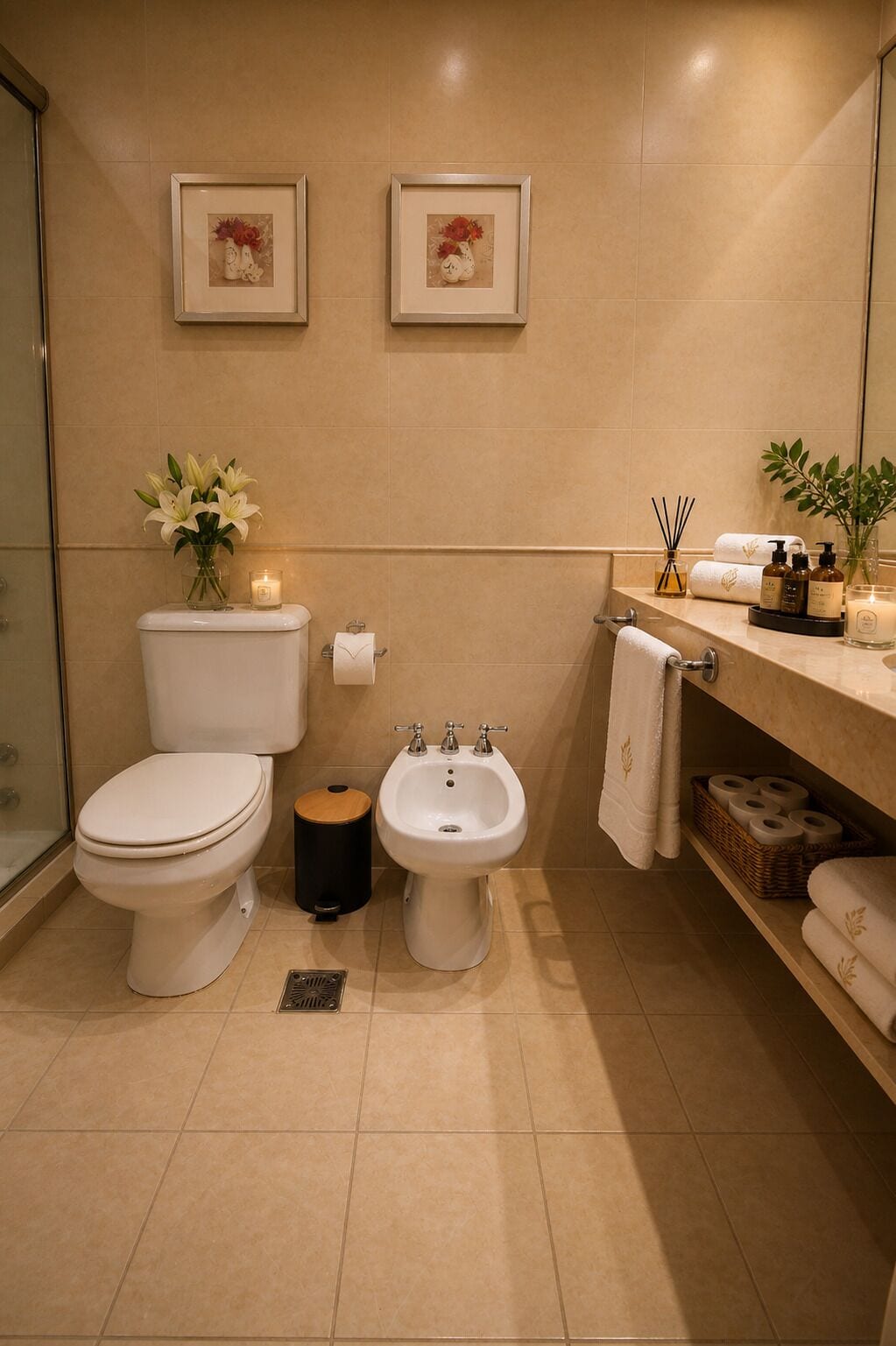 A bathroom with a toilet, bidet, and sink, framed artwork on the wall, and toiletries on the counter.