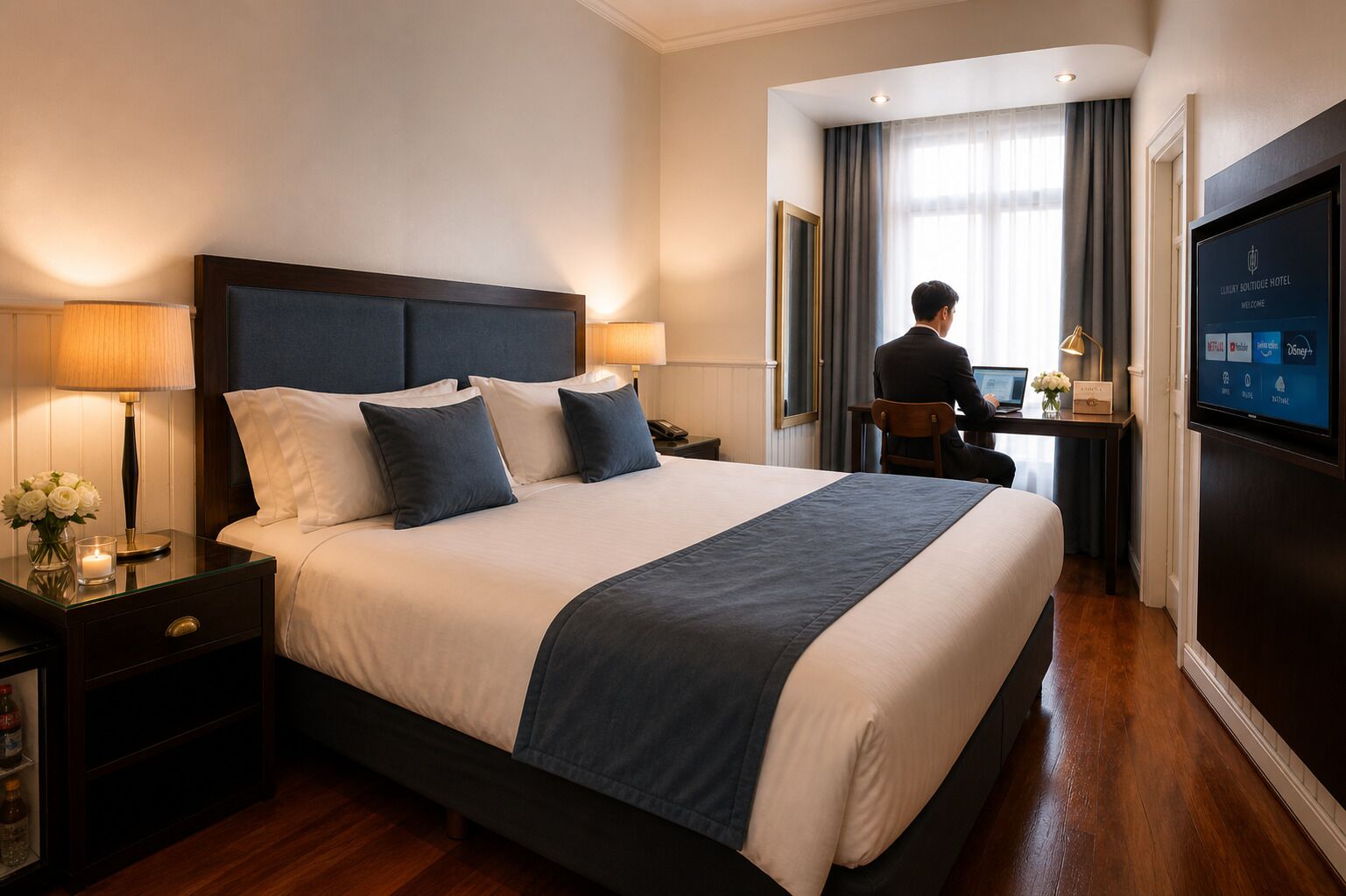Une chambre d’hôtel avec un grand lit, des tables de chevet, un bureau, une télévision et une vue sur l’extérieur.