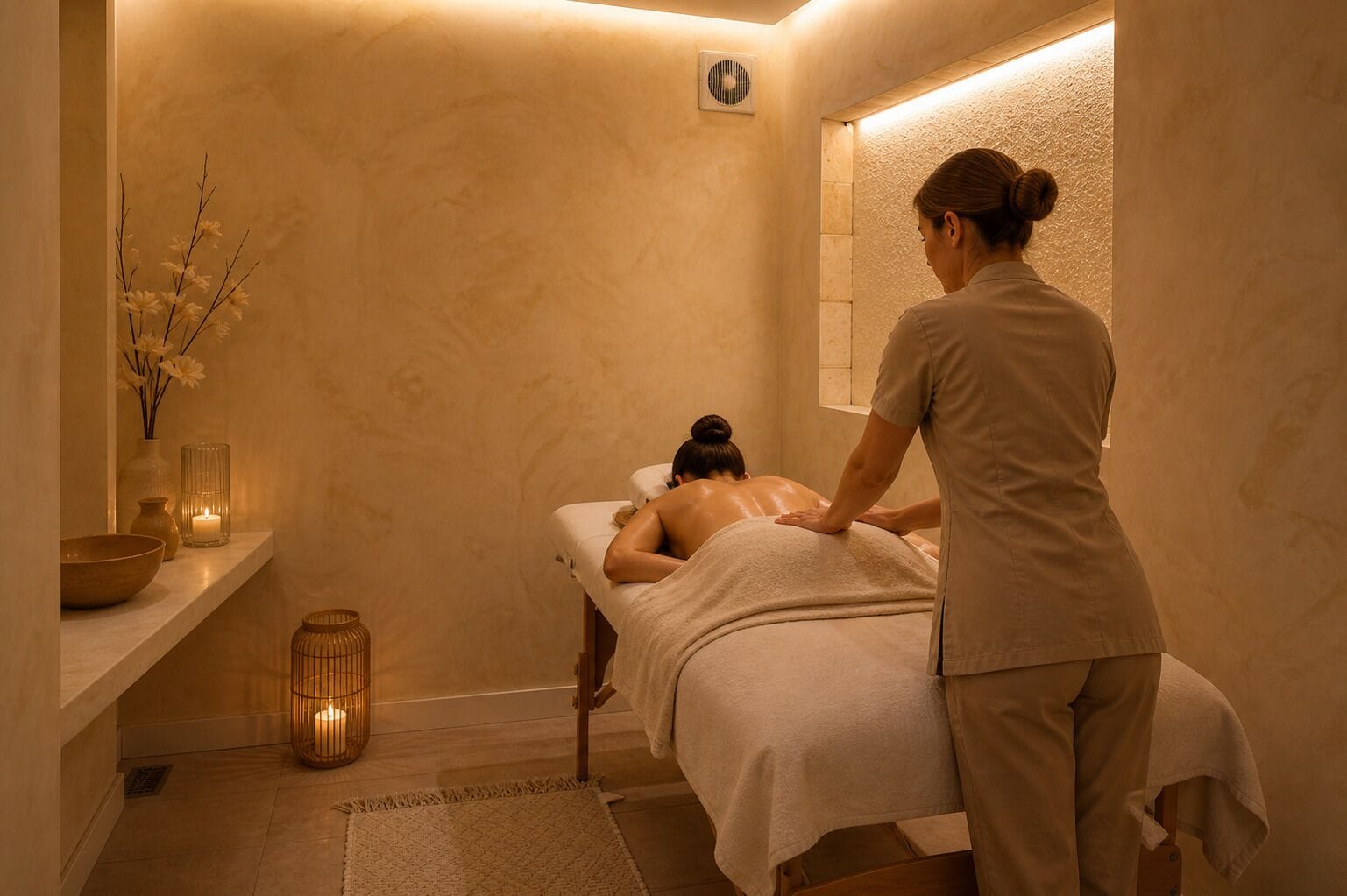 A spa room with a massage table, a person receiving a massage, and a wall-mounted fan.