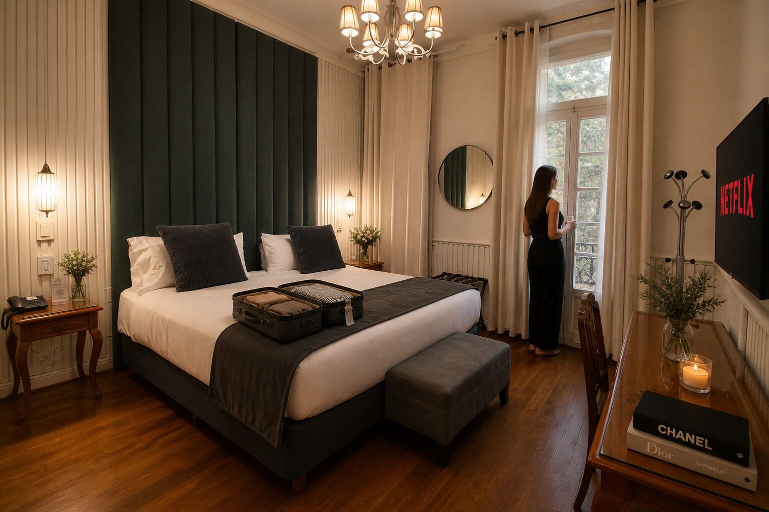 Habitación de hotel moderna con una cama grande, lámparas de noche, vistas al exterior y un televisor que muestra el logotipo de Netflix.