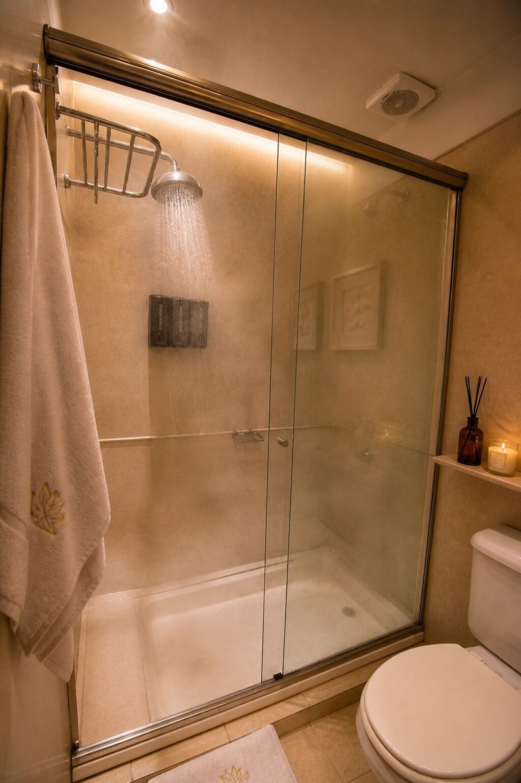 A glass-enclosed shower with a bathtub, a toilet, and a towel rack.