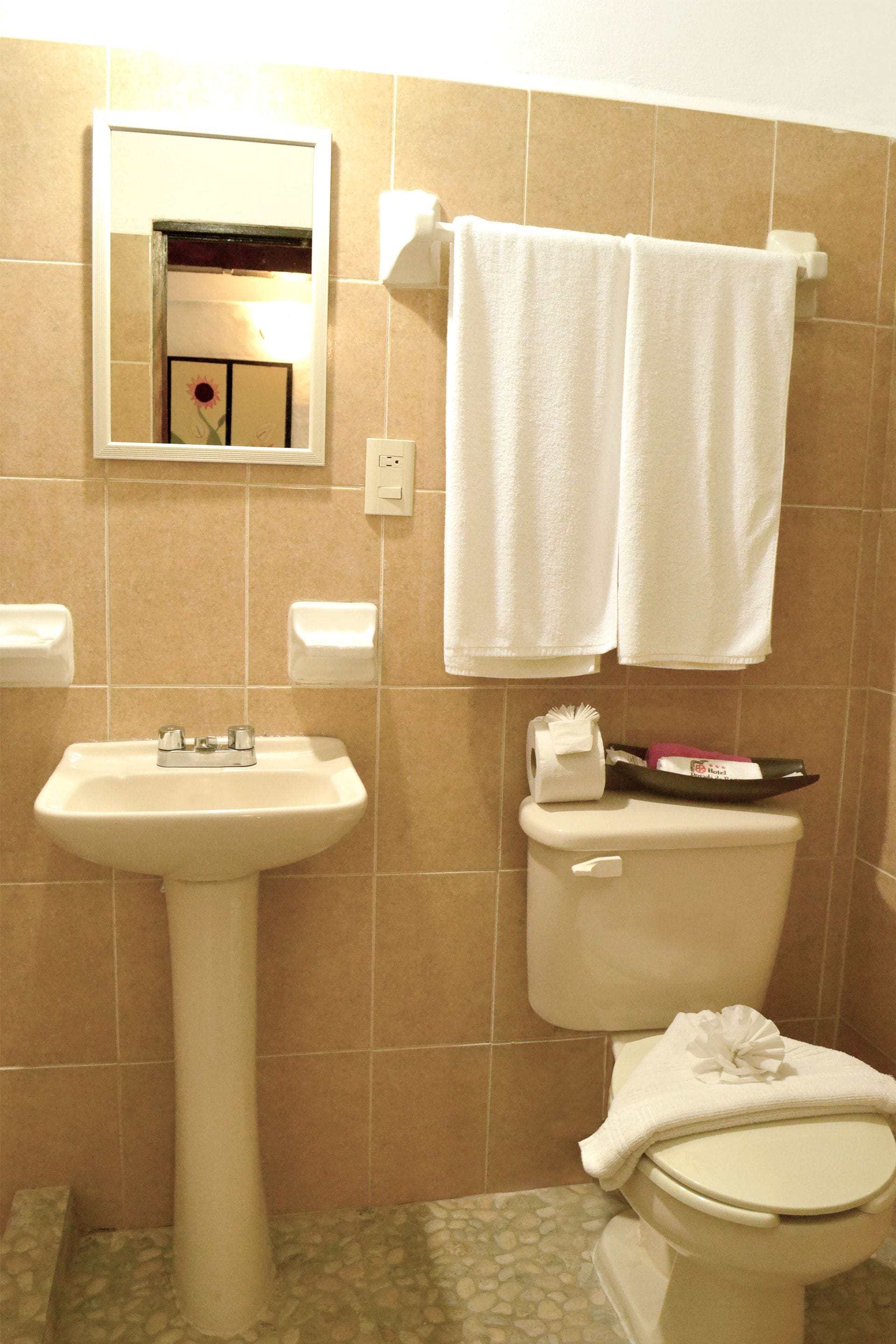 A bathroom with a pedestal sink, a toilet, and a mirror.
