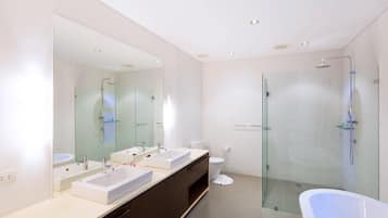 Separate bathtub and shower, hair dryer, towels