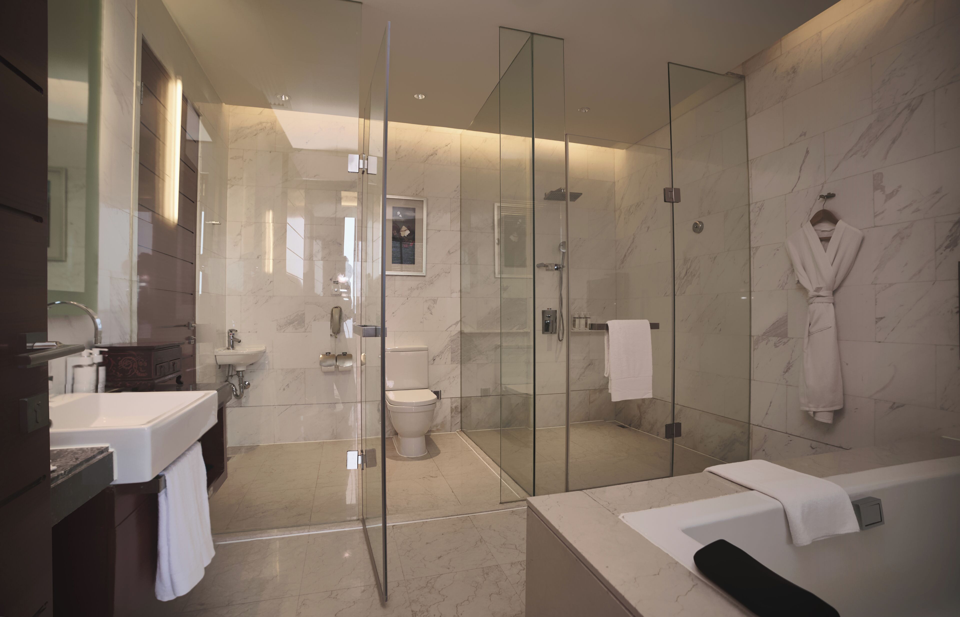 A modern bathroom with a glass-enclosed shower, a bathtub, and a toilet.
