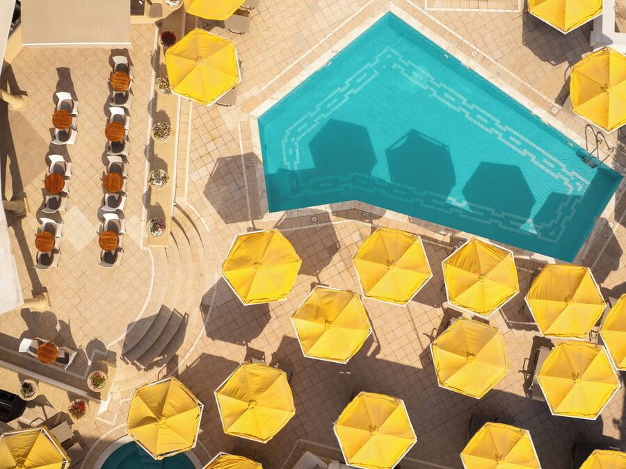 Outdoor pool, pool umbrellas, pool loungers