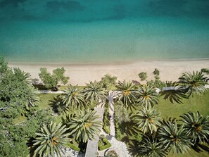 Vue aérienne d’une plage aux eaux turquoise et limpides, bordée d’un rivage sablonneux et de palmiers.