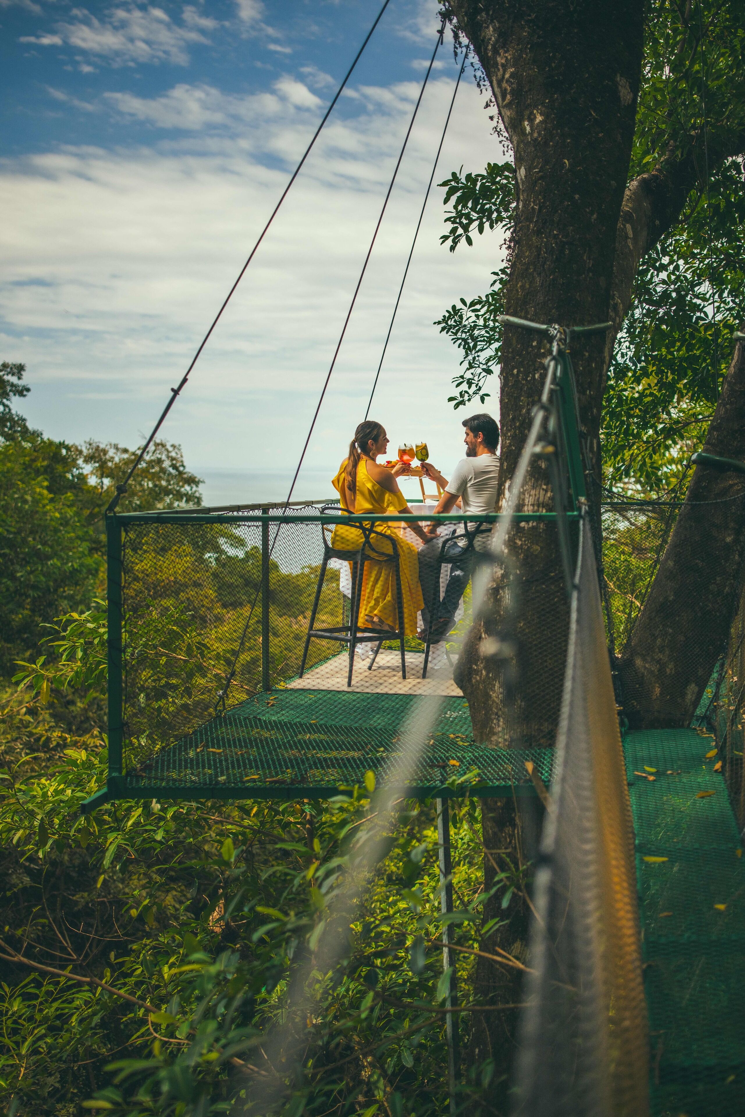 A platform with a metal railing, surrounded by greenery, overlooking a natural landscape.