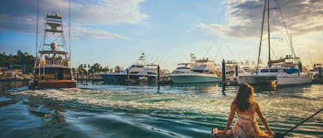 A marina with boats docked and a woman sitting on a dock.