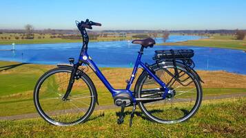 A blue bicycle with a basket and a water bottle on the seat, parked on a grassy area with a view of a lake and fields in the background.