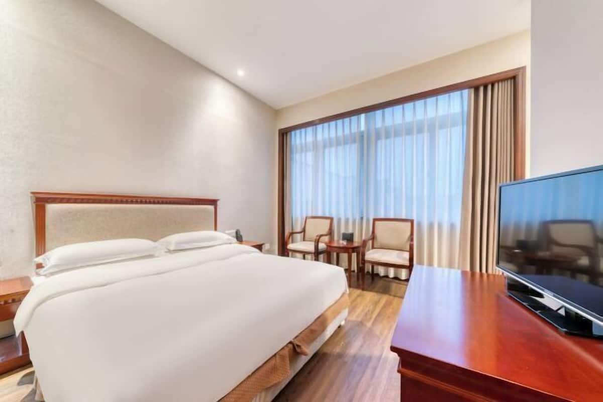 Una habitación de hotel con una cama grande, televisión, escritorio y ventana con cortinas.